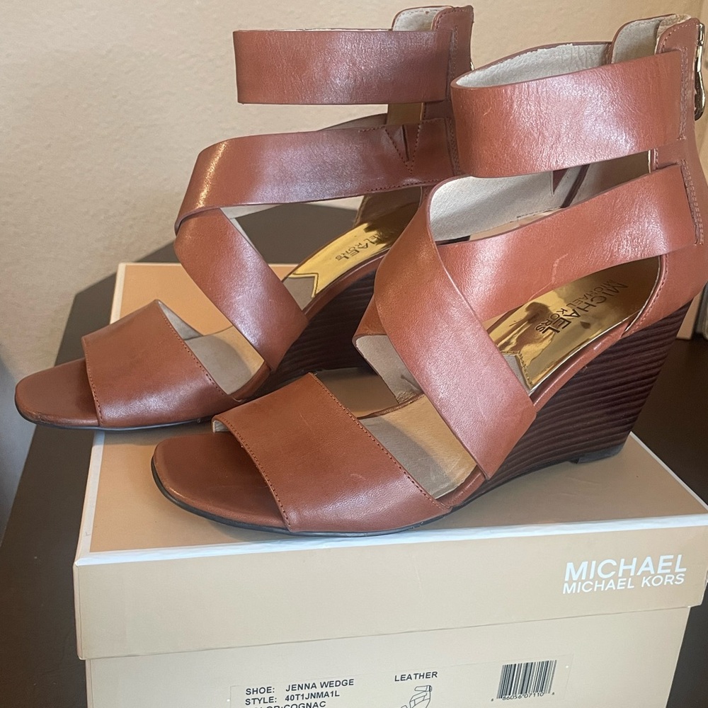 Michael Kors Jenna Wedge Leather color: Cognac Strappy Wedges